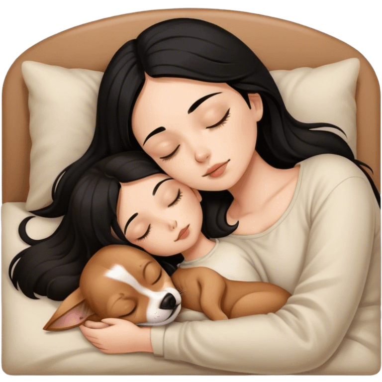 Girl black hair sleeping with brown longhair chiuaua emoji