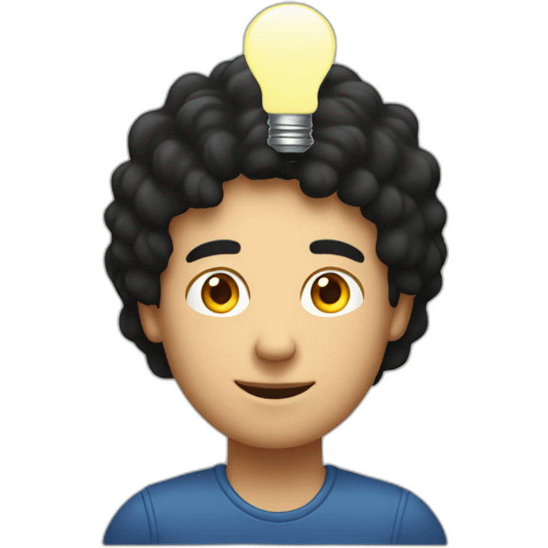 A white man with short black hair working on a laptop with a lightbulb above his head emoji