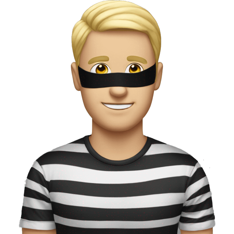 a man with an eye mask and an black and white stripes  t shirt emoji