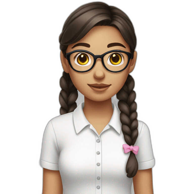 girl with dark brown hair with pigtails in a white shirt with pink on her face and wearing glasses emoji