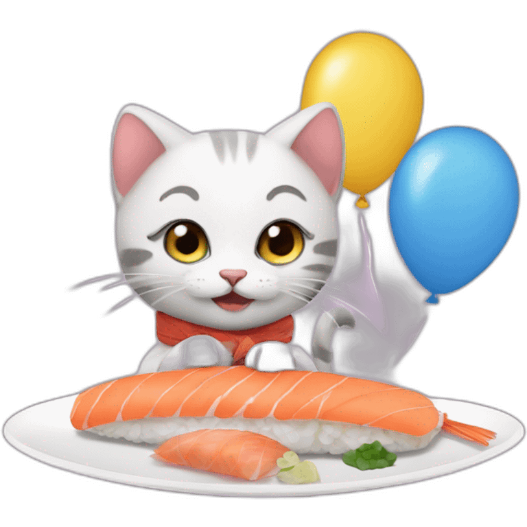 kitten eating sushi for the first time with balloons emoji