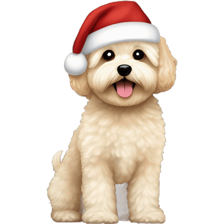 Ein Maltipoo mit Weihnachtsmütze im Vordergrund im Hintergrund stehen zwei Menschen, ein braun haarige Junge und ein blondes Mädchen in der Mitte ein Weihnachtsbaum emoji