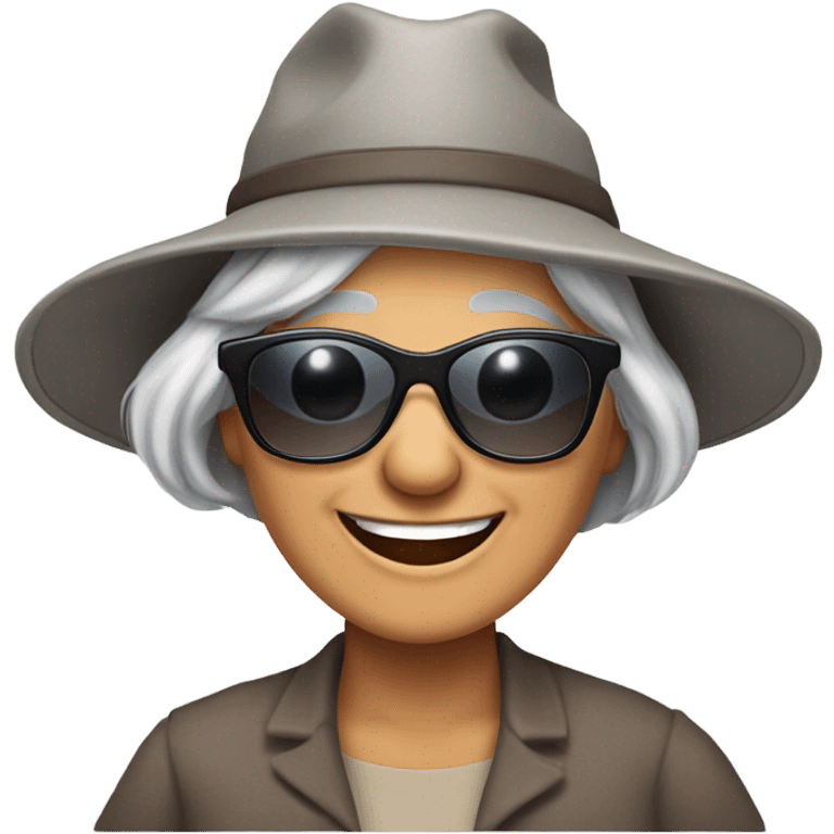 smiling younger grandma with hat and sunglasses , longer grey hair outdoors with a  happy donkey. emoji