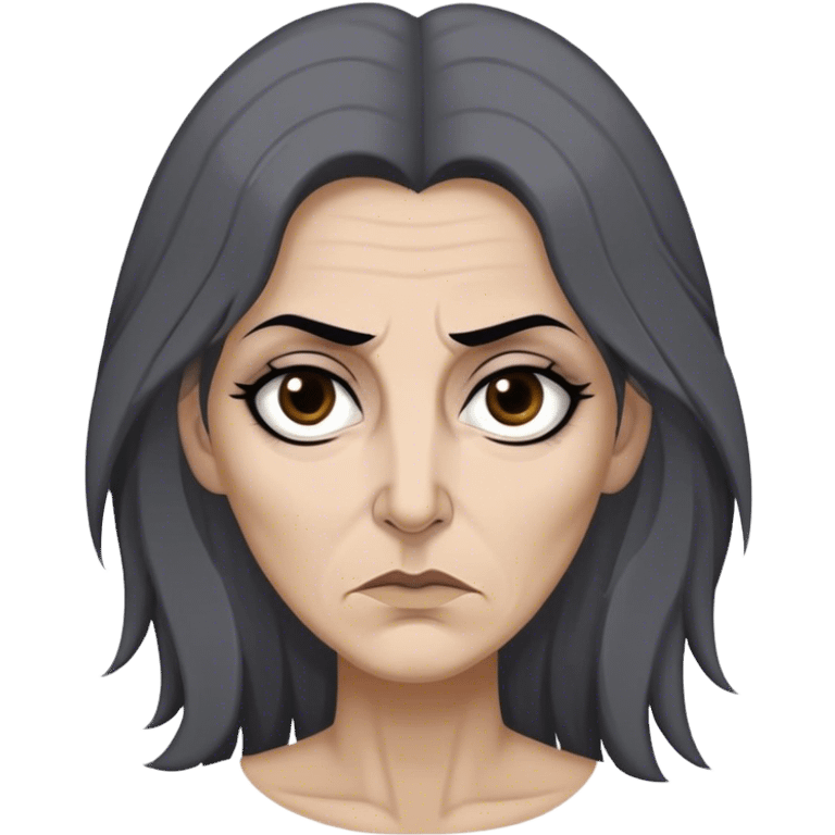 Mirri Maz Duur is a weathered, age 45  woman with deep-set dark eyes, high cheekbones, and a sharp nose, giving her a stern, knowing expression. Her long, unkempt dark hair streaked with gray falls loosely over her shoulders emoji