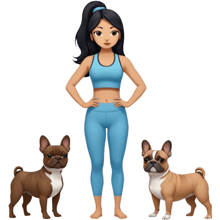 latin woman in a yoga outfit with long black hair standing alongside two French bulldogs emoji
 emoji