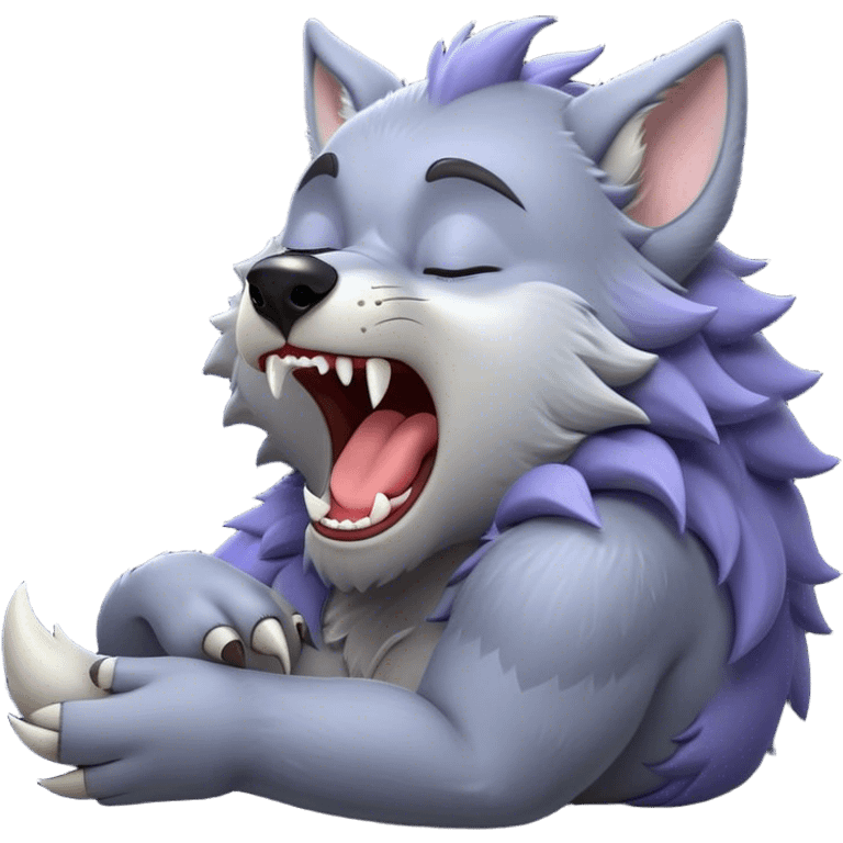 Cinematic Cute Yawning Werewolf Portrait Emoji, with a cuddly, miniature lupine form in soft moonlit grays and silvers, head leaning back in a big, adorable yawn that reveals a few fuzzy teeth, simplified yet irresistibly charming, highly detailed with a soft glowing outline that captures the drowsy, playful essence of a werewolf mid-nap! emoji