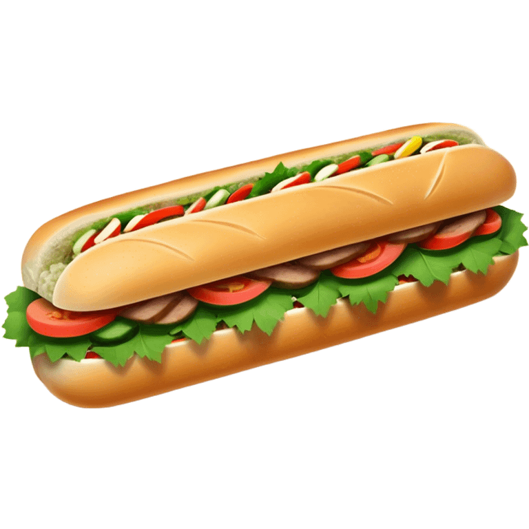 Banh Mi Cinematic Realistic Banh Mi Sandwich Dish Emoji, depicted as a simple, small baguette filled with fresh ingredients, rendered with crisp textures and vibrant, inviting lighting. emoji