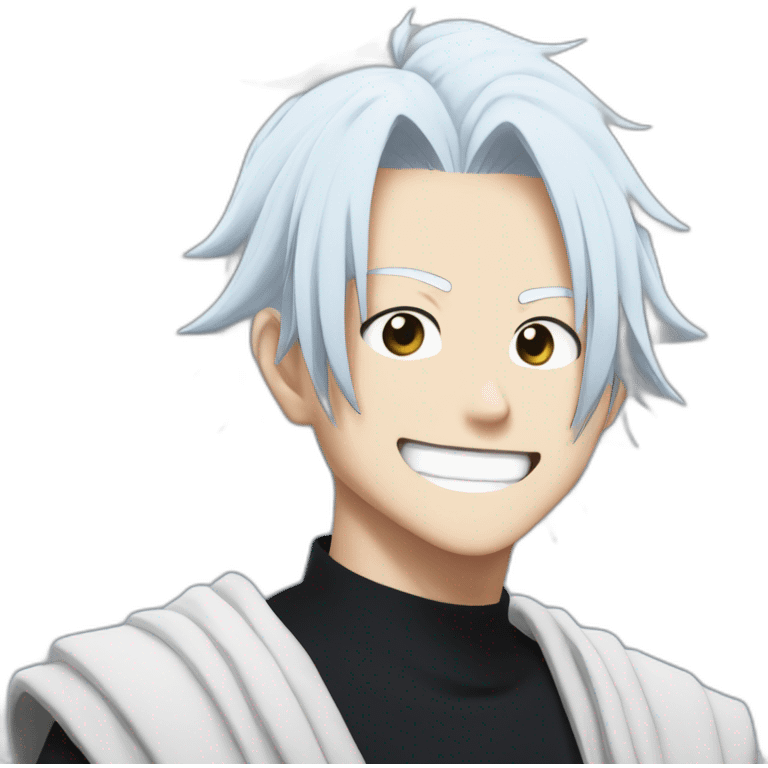 gojo satoru smiling from jujutsu kaisen with white hair, blue sky eyes, wear a black tshirt emoji