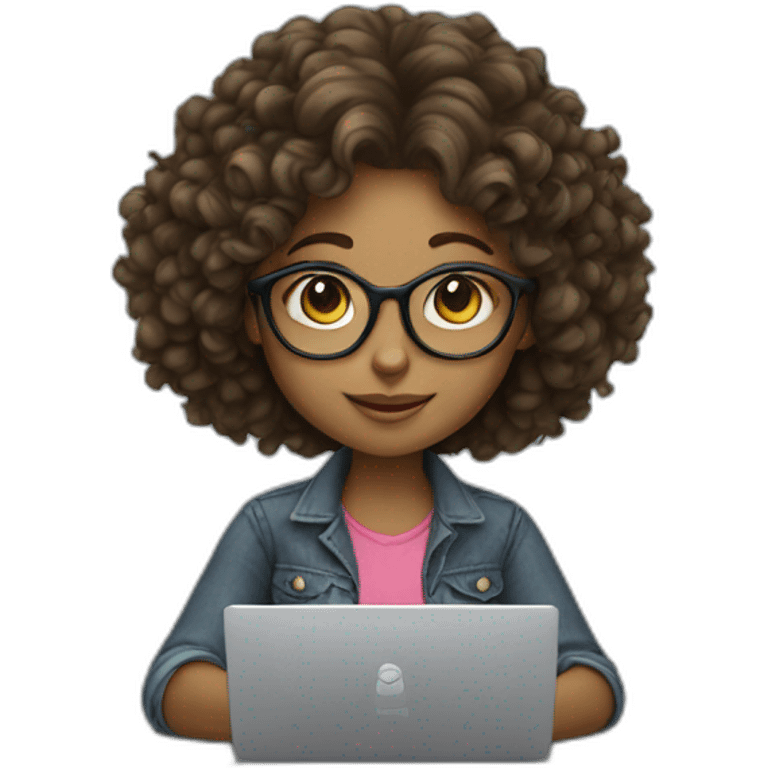 Girl wearing a spec with curly hair working on a laptop  emoji