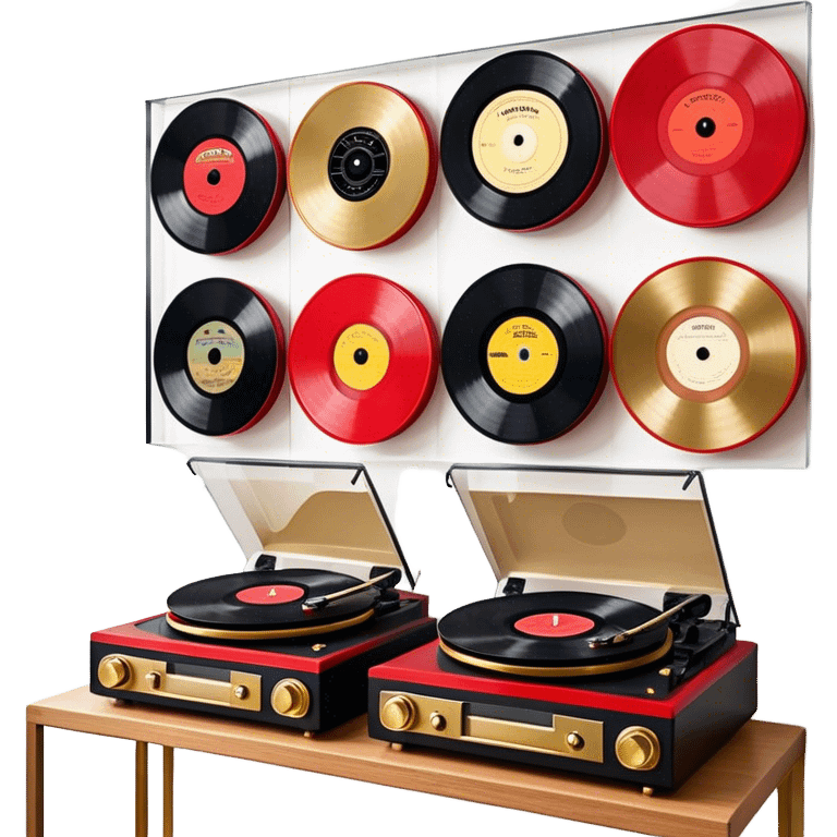 Icon for Vinyl Record Collecting: large black, golden and red vinyl records in decorative packaging featuring artist images, neatly arranged on a wall or shelf, modern vinyl record player. The icon should reflect the aesthetic and artistic aspect of collecting vinyl records. Transparent background. emoji