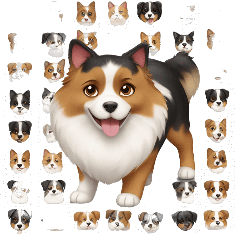 Fat calico cat with a black and tan Australian Shepard dog emoji