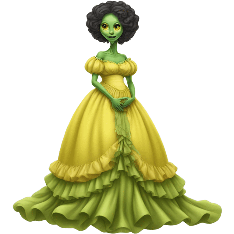 Pregnant green alien woman, full body, in victorian jellow elegant dress emoji