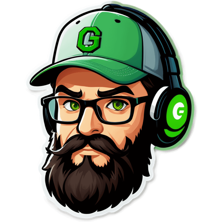 A man with a grey baseball cap, green eyes, big dark brown beard and glasses, gamers headset emoji