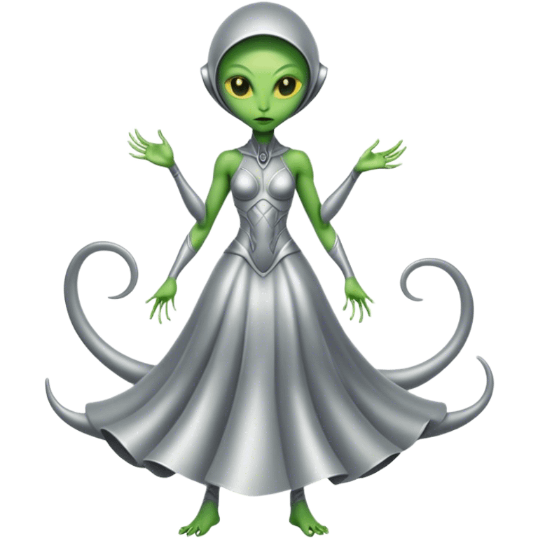 Green Alien woman with Cycloid scales, in silver dress, full figure, yellow eyes emoji