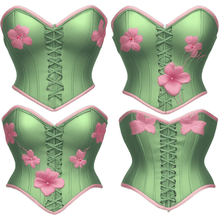 Sage green corset with pink flower embroidery, isolated emoji