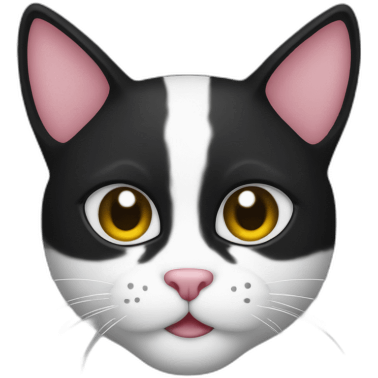 El gato tiene una cara bicolor la mitad izquierda es de color negro, y la mitad derecha es de color blanco. Además, tiene una mancha negra justo debajo de la nariz emoji