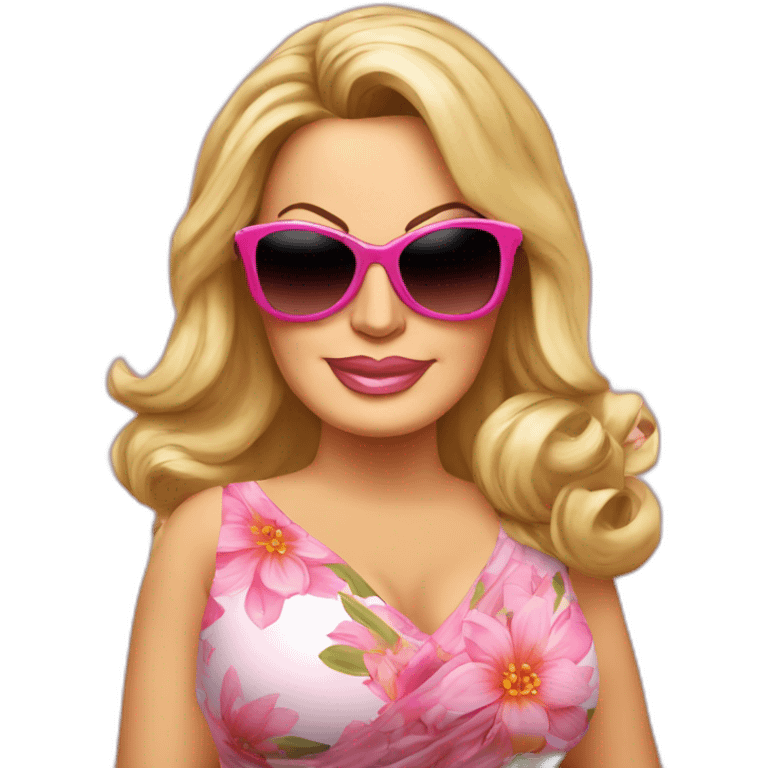 Jennifer Coolidge from tv show White Lotus. She is wearing a large vintage sunglasses. She has a pink head scarf and pink floral dress emoji