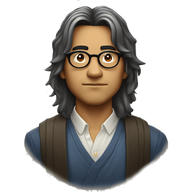 A Brazilian man nerd with a mystical Japanese vibe, wearing round glasses and medium-length hair with bangs. The character should have a thoughtful or intelligent expression, reflecting a fusion of Brazilian and Japanese culture. emoji