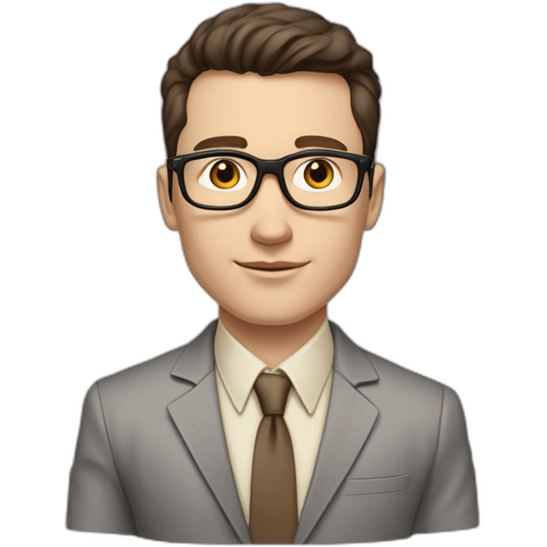 Pale skinned fit man with dark brown hair in gray jacket, beige office shirt, brown tie, brown pants and vintage glasses Writing on the marker board emoji