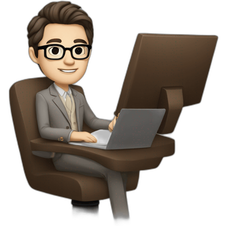 Pale skinned Fit Man With dark brown hair in gray jacket, beige office shirt, Brown pants and vintage glasses sitting In a soft chair with a notebook on spring with emblem Ψ and a pen emoji