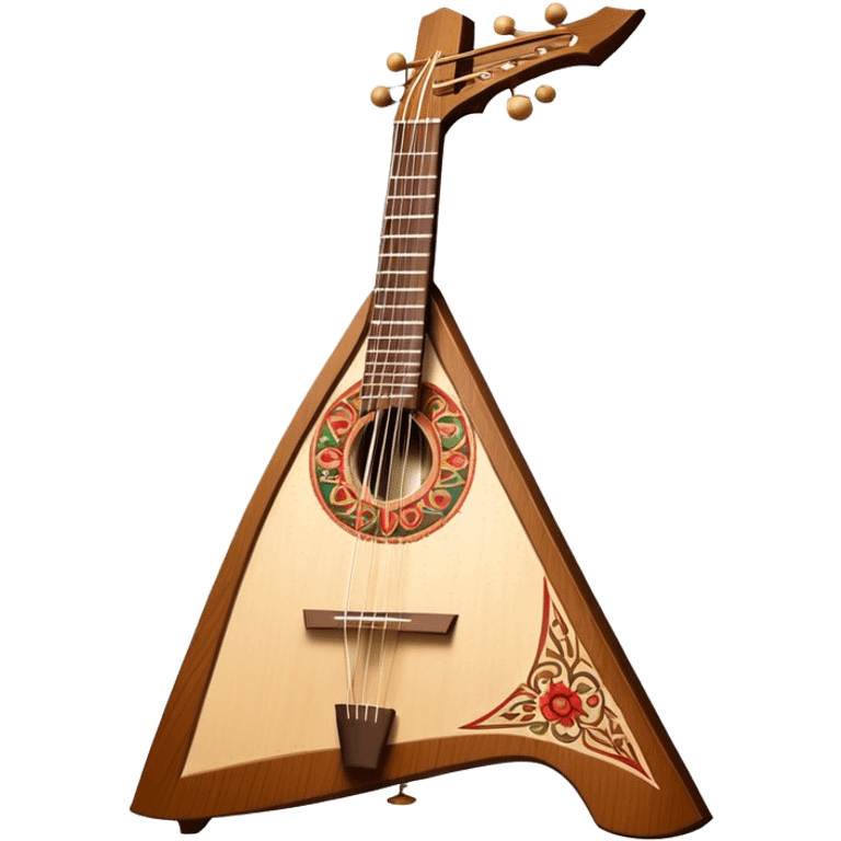 Create a refined and traditional emoji representing the 'Prima' balalaika produced by the company 'ПКМИ фонда П.И. Чайковского'. The design should feature the distinctive triangular shape of the balalaika, with visible strings and a beautifully crafted wooden body. Add subtle details like a decorative rosette or pick to emphasize the craftsmanship. Use warm wood tones, like rich browns and honey shades, to highlight the traditional and premium nature of the instrument. The background should be transparent. emoji