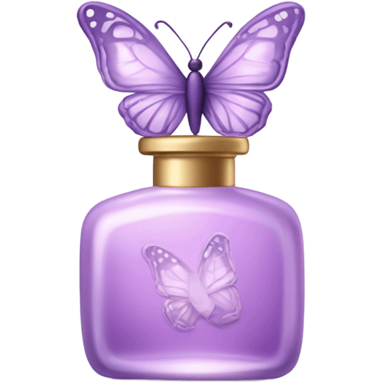  pastel violet butterfly resting on an elegant lavender perfume bottle with fork pink details. emoji