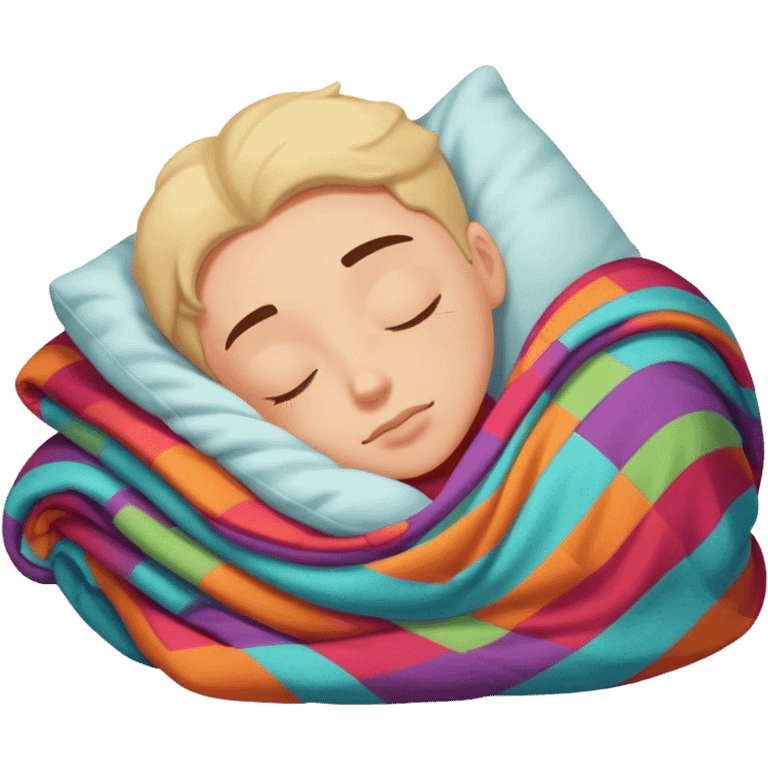 A sleeping person with a colorful pillow and cozy blanket emoji