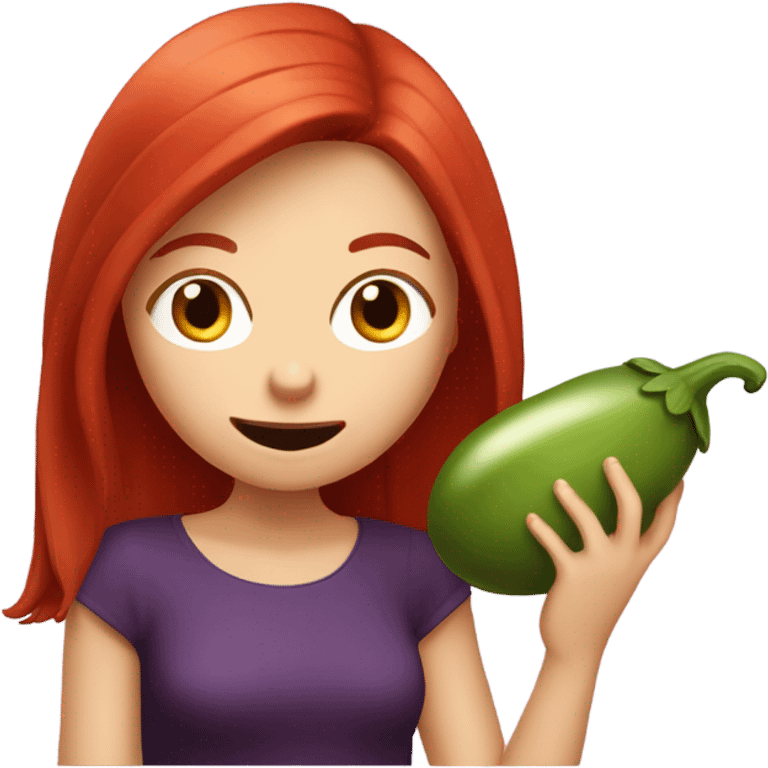 Red haired girl holding eggplant near mouth pretending to taste it emoji