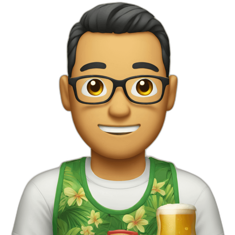 Japanese wearing glasses alohashirt is holding beer emoji