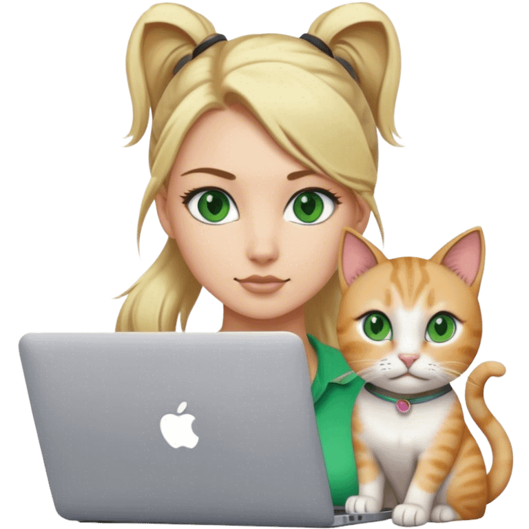 Blonde woman ponytail green eyes with cat and MacBook emoji