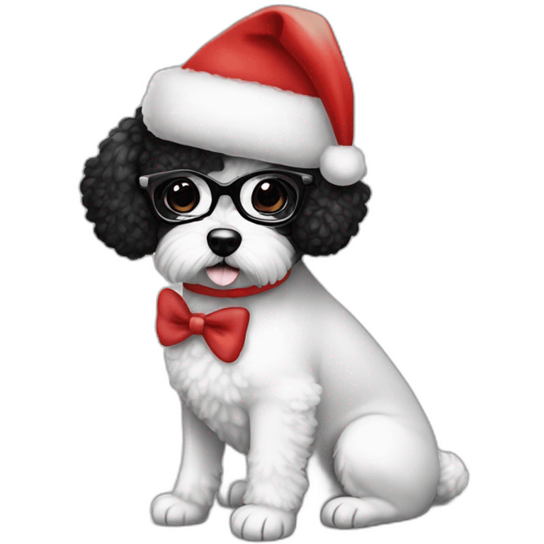 woman-black hair-bow-glasses-bichon dog-sitting-christmas hat emoji