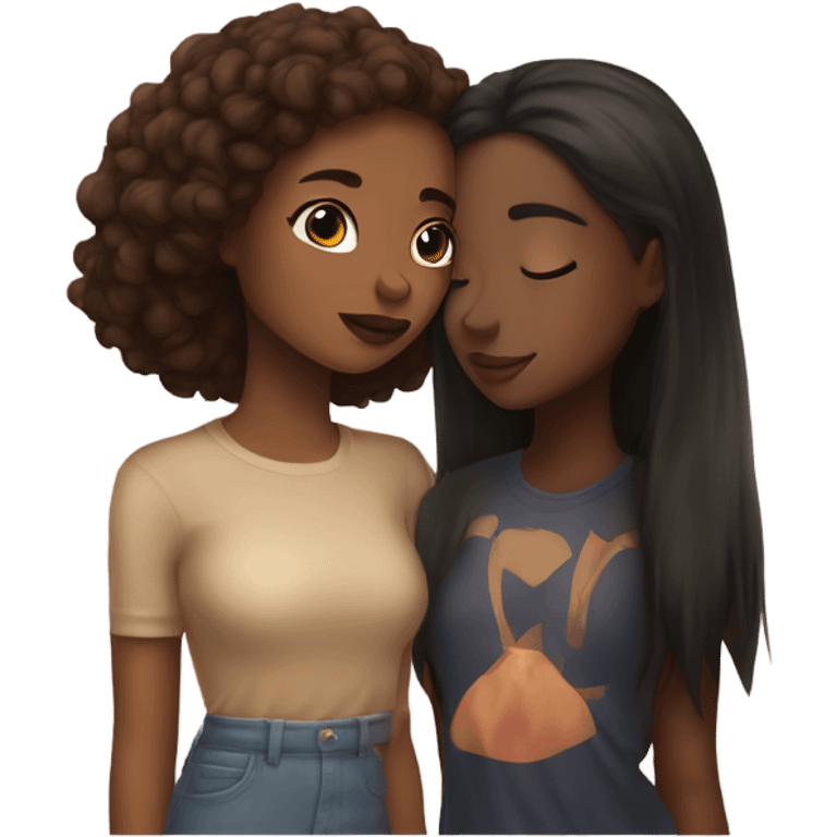 one light skin girl and a brown skin girl kissing emoji