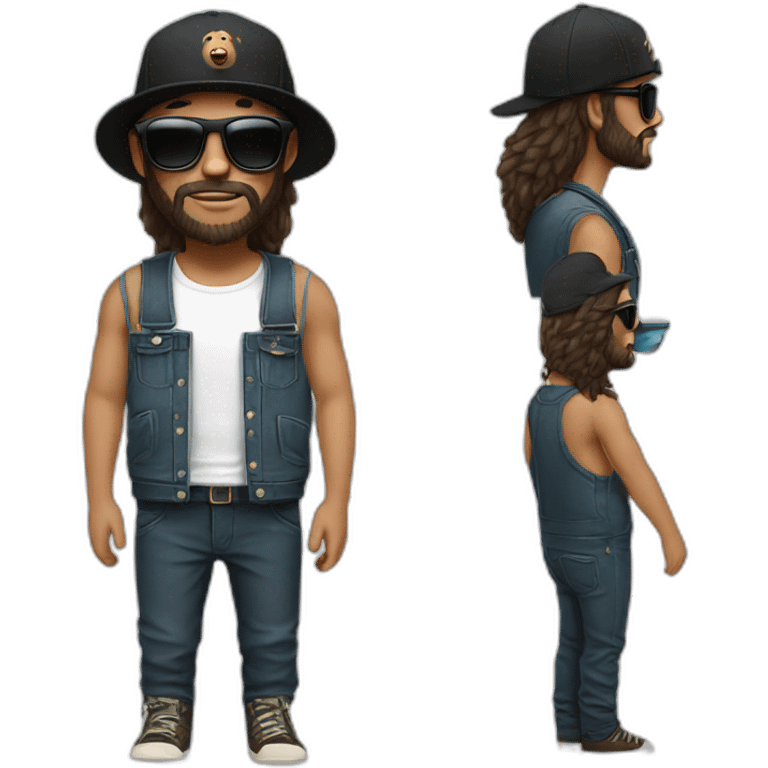 White Hipster with a black bear, long hair, a cap, dungarees and cool sunglasses emoji