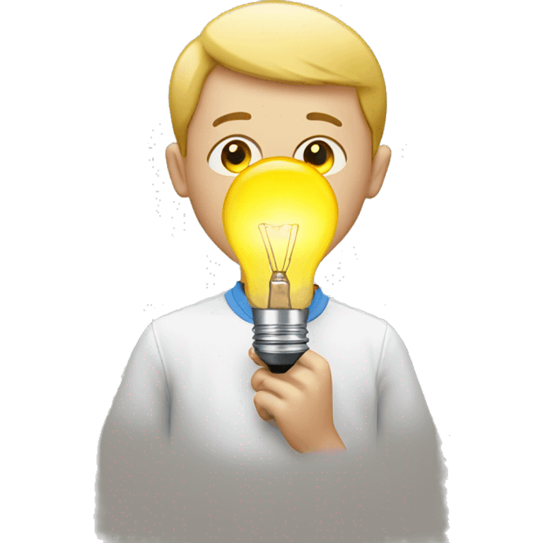 young white boy at marketing with a light bulb instead of a head emoji