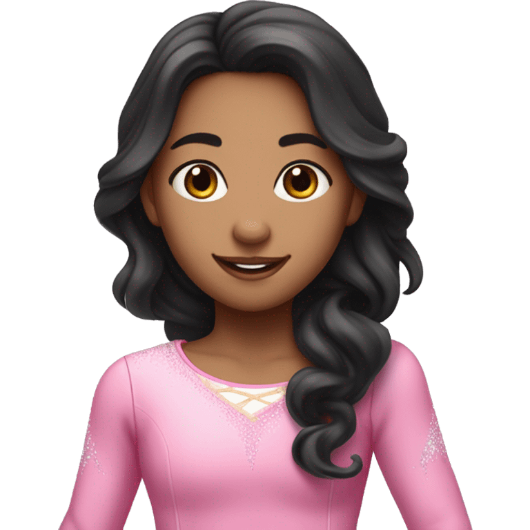 Girl with long black wavy hair and a cute pink figure skater outfit ice skating  emoji