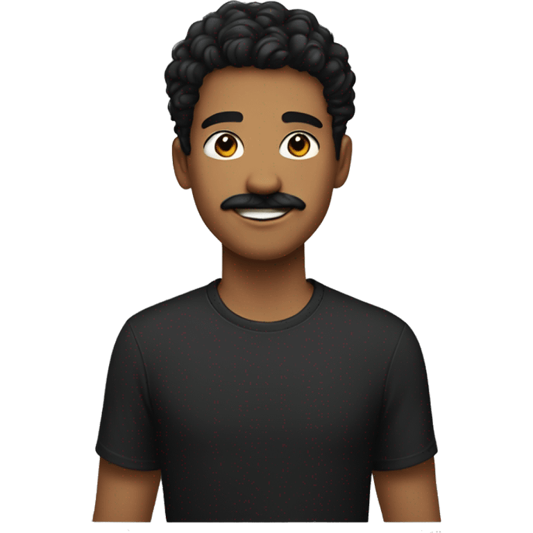 A young man with black hair has a mustache wearing a smiling , black T-shirt, face a bit broader emoji