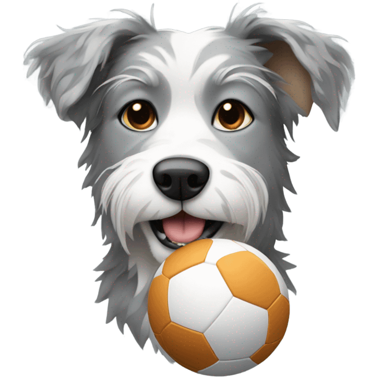 Grey and white scruffy spotted dog holding a football emoji