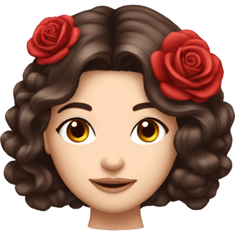 Beautiful, rose, red, flowers in hair, long dark brown hair, white fair skin emoji