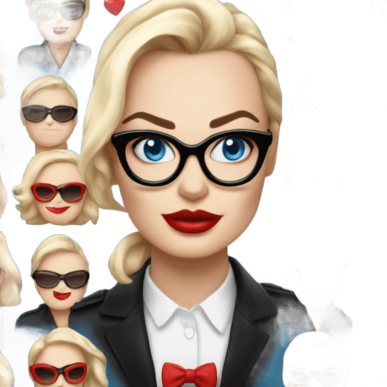 Margot Robbie, bright blue eyes, red kisses, wearing black glasses  emoji