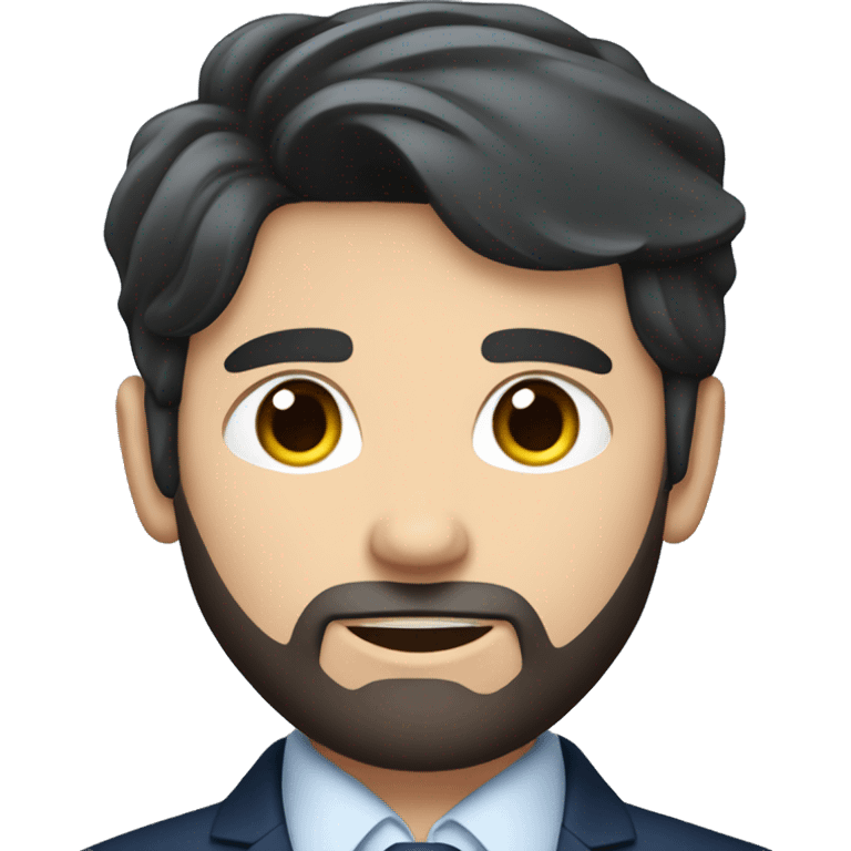 A dark hair young man with beard and blue eyes in navy suit with up-hand  emoji