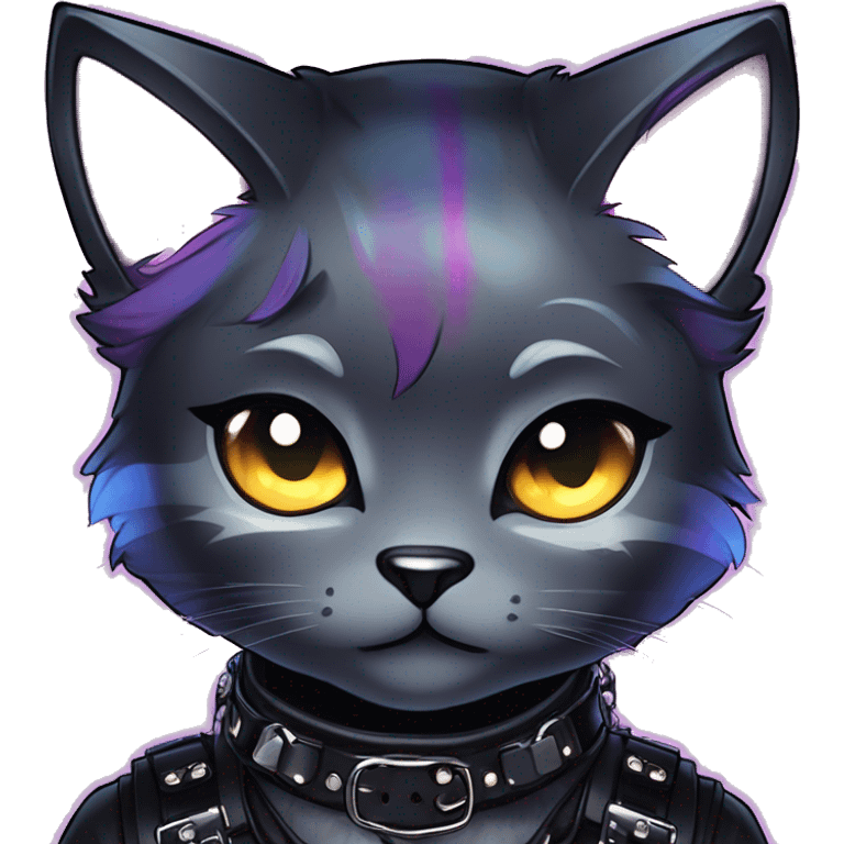 Gorgeous sparkly shiny colorful gradient gothic dark techwear anime style anthro cat with blushing face aesthetic and pretty edgy black with collar and harness trending style emoji