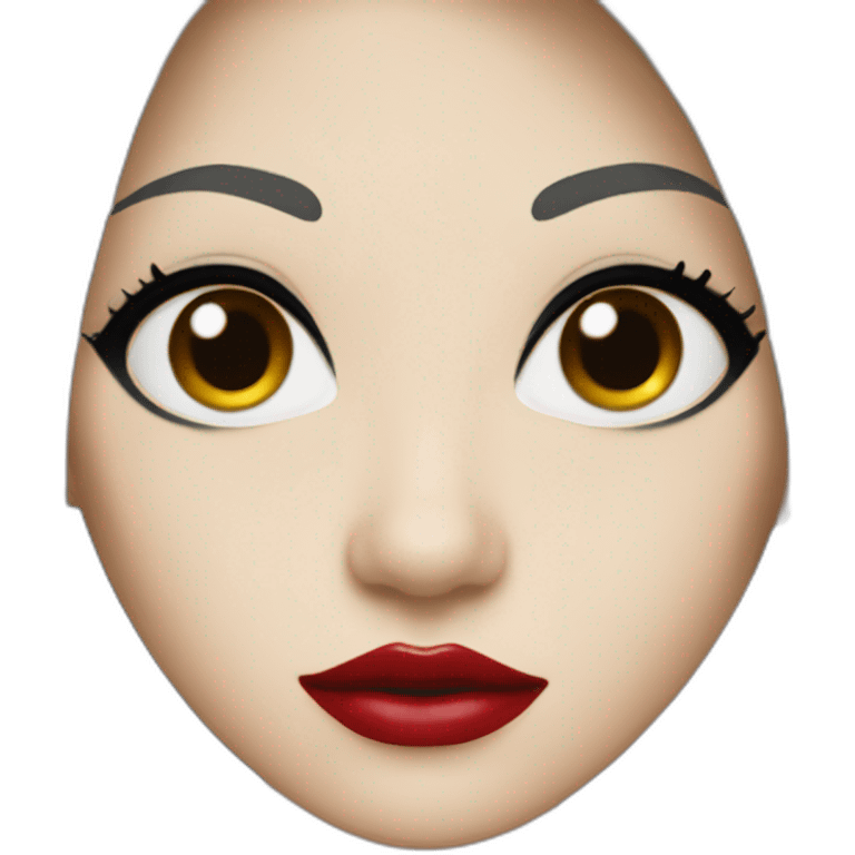 long straight black hair, red lipstick, black eyes, white skin and a small nose emoji