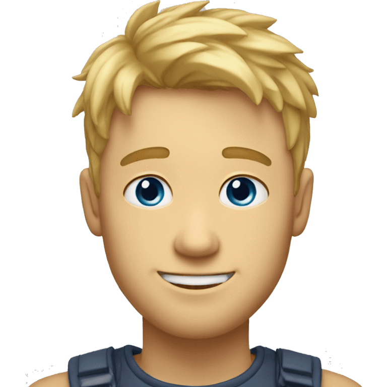 A TOK emoji of a blonde man with messy bangs and short hair on the sides, smiling and without glasses, with blue eyes, without a mustache emoji