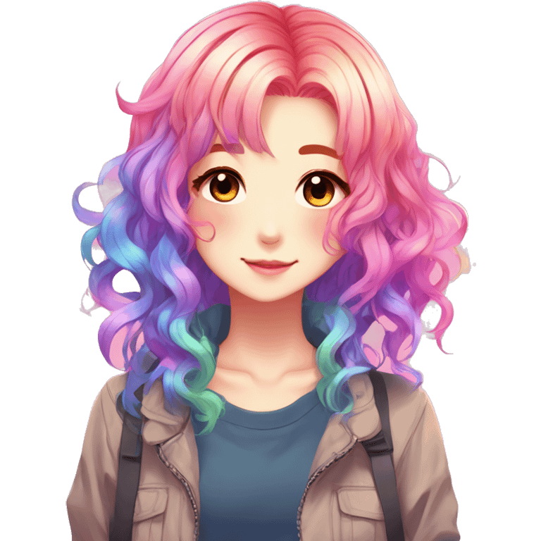 Gorgeous anime style shojo character with blushing face aesthetic and pretty colorful shiny gradient neon rainbow hair with hair garment trending style emoji