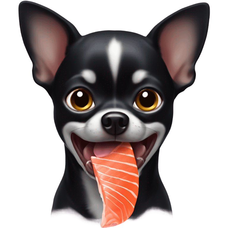 Black chihuahua with salmon in mouth emoji