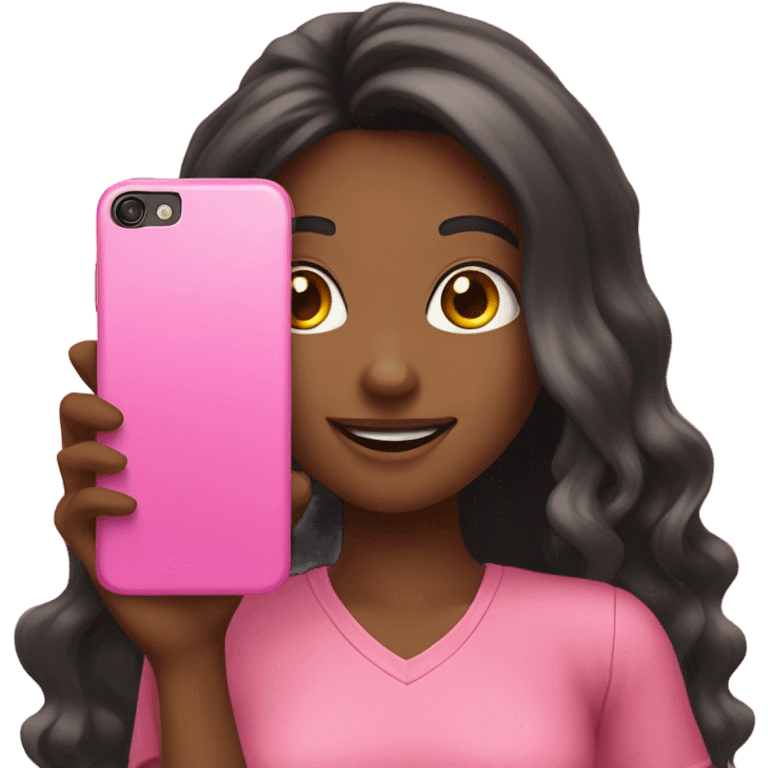 girl taking selfie with pink phone emoji