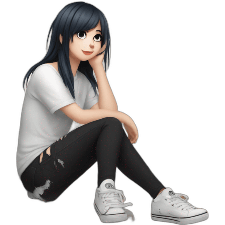 Full body curvy emo girl sits on the floor черная юбка белые трусики рваные полосатые чулки emoji