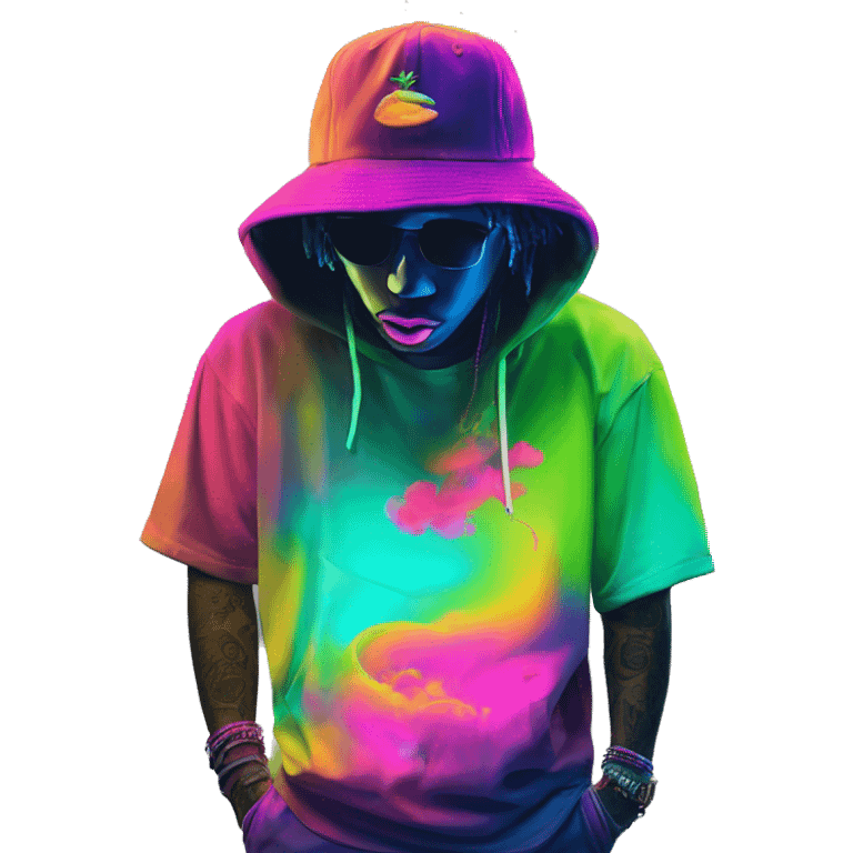 Multicoloured neon person smoking wearing hoodie dancing hip hop bucket hat tropical Skater fashion aesthetic baggy clothes graphic t shirt 420 emoji