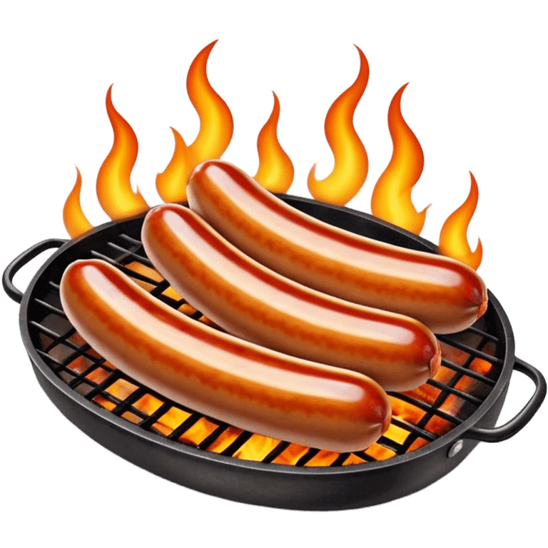 Cinematic Realistic Sausage Sizzle Dish Emoji, featuring sizzling sausages cooking over an open flame rendered with dynamic textures and warm, smoky lighting. emoji