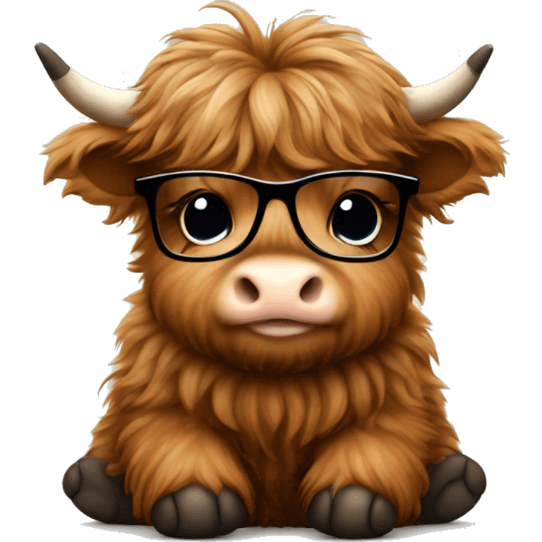 Cute Fluffy brown Highland cow baby sitting with a black glasses emoji